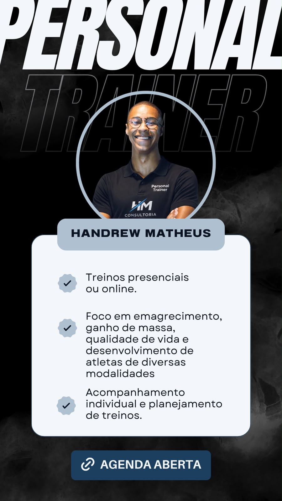 Handrew Matheus, personal trainer da HM Consultoria, com treinos presenciais ou online